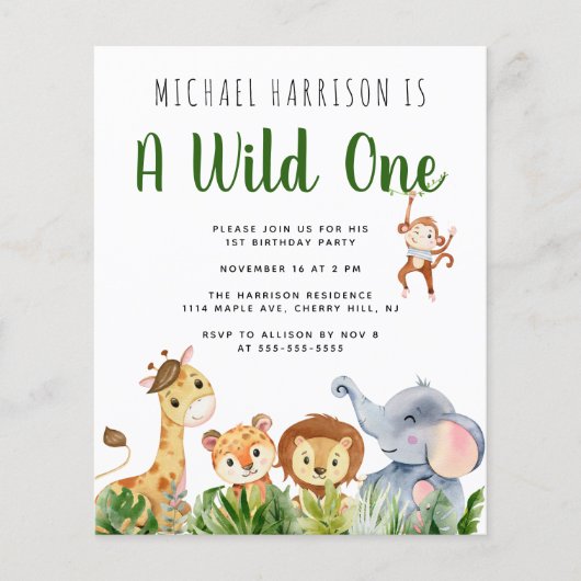Wilde Tiere 1. Geburtstag Party Einladung (Vorderseite)