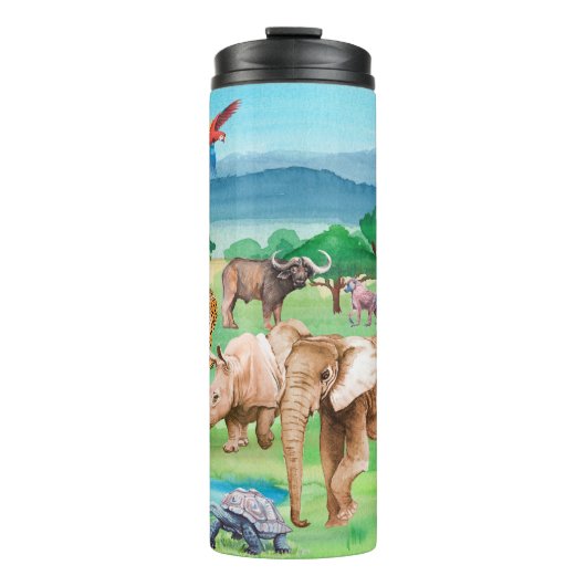 Wilde Tiere Afrikas im Hintergrund Thermosbecher (Vorderseite)