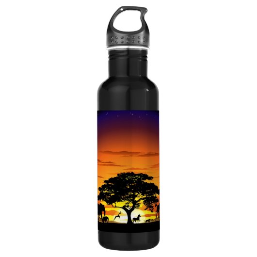 Wilde Tiere auf der afrikanischen Savanna Sunset Edelstahlflasche (Vorderseite)
