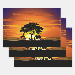 Wilde Tiere auf der afrikanischen Savanna Sunset Geschenkpapier Set
