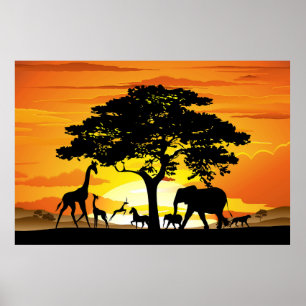 Wilde Tiere auf der afrikanischen Savanna Sunset Poster