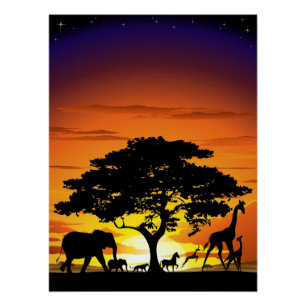 Wilde Tiere auf der afrikanischen Savanna Sunset Poster