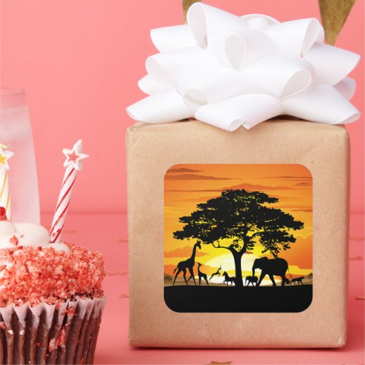 Wilde Tiere auf der afrikanischen Savanna Sunset Quadratischer Aufkleber (Party)