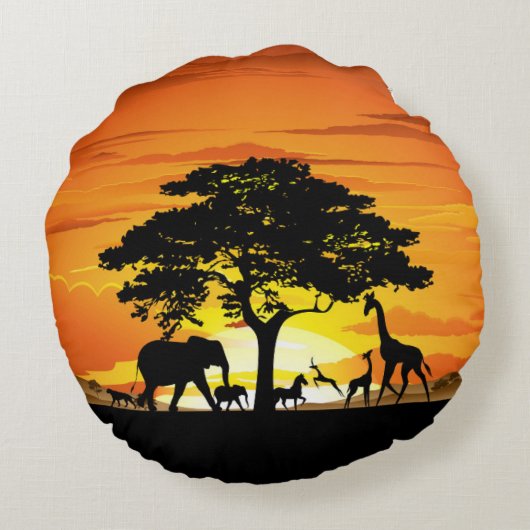 Wilde Tiere auf der afrikanischen Savanna Sunset Rundes Kissen (Rückseite)