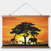 Wilde Tiere auf der afrikanischen Savanna Sunset Wandteppich Mit Holzrahmen (Vorderseite)