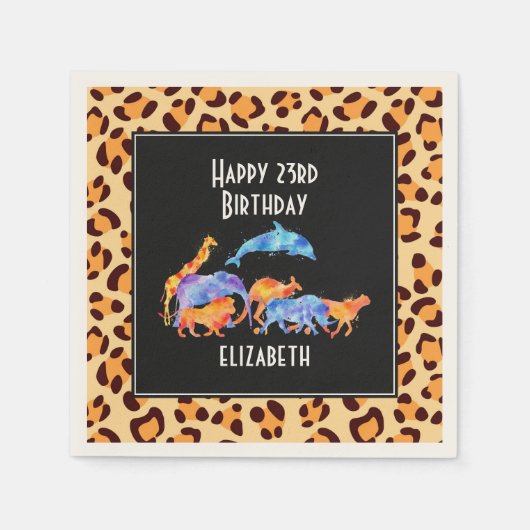 Wilde Tiere auf einem Leopard Print Muster Geburts Serviette (Vorderseite)