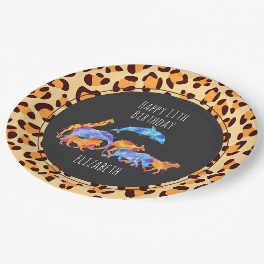 Wilde Tiere auf exotischem Leopard Print Birthday Pappteller (Schrägansicht)