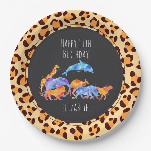 Wilde Tiere auf exotischem Leopard Print Birthday Pappteller (Vorderseite)
