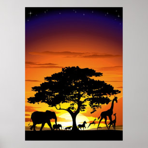 Wilde Tiere auf Savannah Sunset Poster