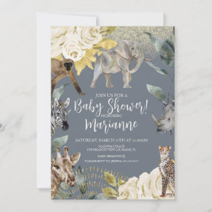 Wilde Tiere Baby Shower Glitter Dusty Blau Einladung
