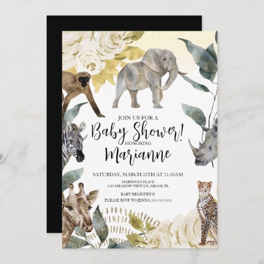 Wilde Tiere Baby Shower Imitate Gold Glitzer Einladung (Vorne/Hinten)