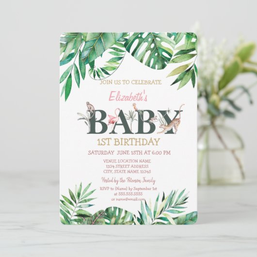 Wilde Tiere Greneery gestreift Geburtstag Einladung (Stehend Vorderseite)