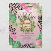 Wilde Tiere Holz tropische Blume Geburtstag Einladung (Vorne/Hinten)