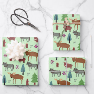 Wilde Tiere im Wald Hirsch Wildschwein Wolf Geschenkpapier Set
