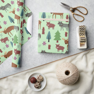 Wilde Tiere im Wald Hirsche Wolf Geschenkpapier