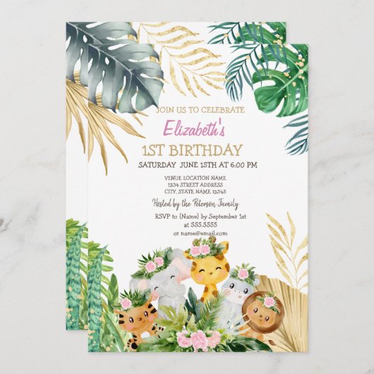 Wilde Tiere Jungle Blume Tropical 1. Einladung (Vorne/Hinten)