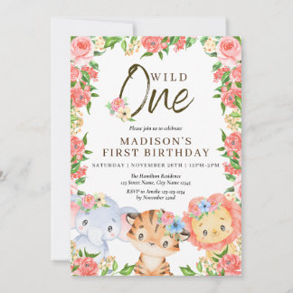 Wilde Tiere Rosa Blume Geburtstag Einladung