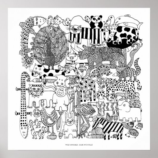 Wilde Tiere Schwarz-Weiß Zeichnend Kunst drucken Poster (Vorne)