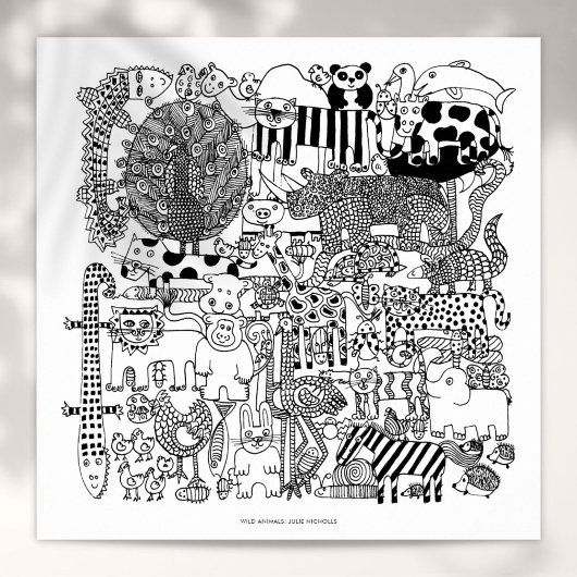 Wilde Tiere Schwarz-Weiß Zeichnend Kunst drucken Poster