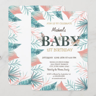 Wilde Tiere Tropische Blätter 1. Geburtstag Einladung