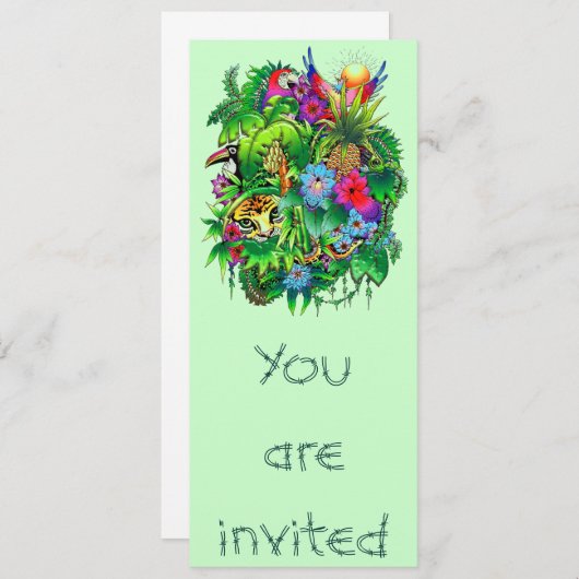 Wilde Tiere versteckt in Surreal Dschungel Einladung (Vorne/Hinten)