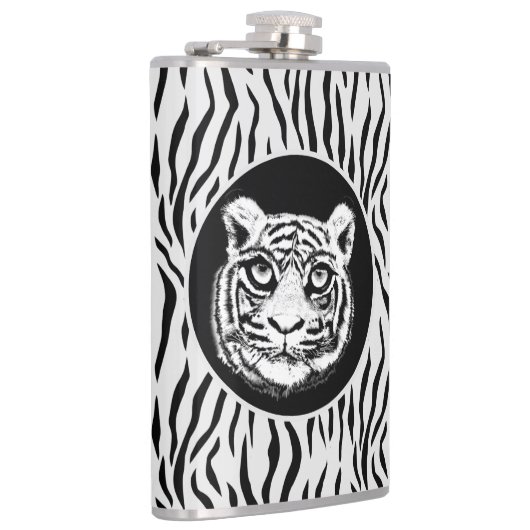 Wilde Tiger-Gesichter auf Tiger-Muster-Flasche Flachmann (Rechts)