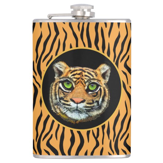 Wilde Tiger-Gesichter auf Tiger-Muster-Flasche Flachmann (Vorderseite)