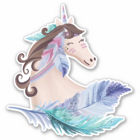 Wilde Tribal Wasserfarbe Einhorn Pferd & Federn Aufkleber (Vorderseite)