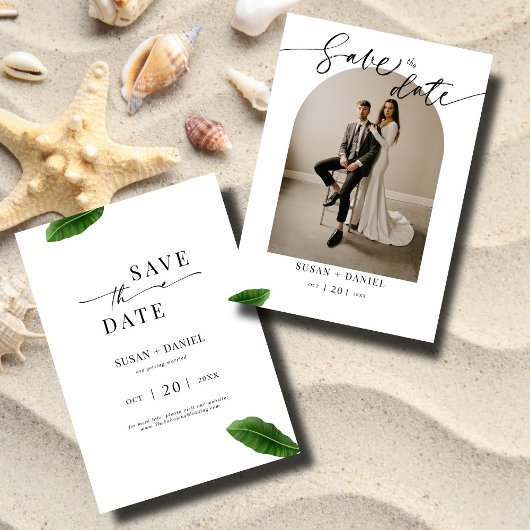 Wilde tropische Blätter und modernes Hochzeitsarsc Save The Date