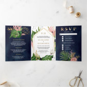 Wilde tropische Goldblüte Rosa Bläsernavy Hochzeit Dreifach Gefaltete Einladung (Innenseite)