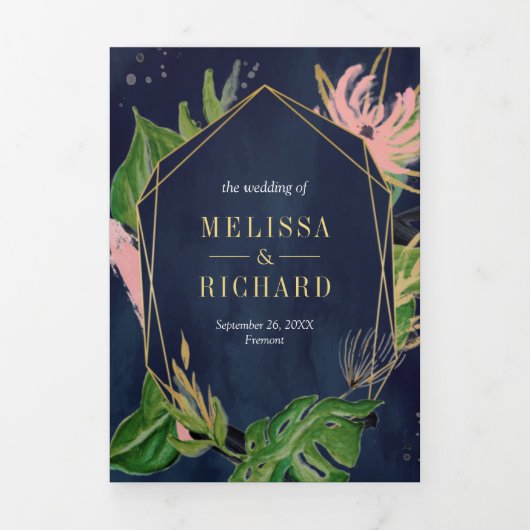 Wilde tropische Goldblüte Rosa Bläsernavy Hochzeit Dreifach Gefaltete Einladung (Cover)