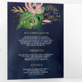 Wilde tropische Goldblüte Rosa Bläsernavy Hochzeit Dreifach Gefaltete Einladung (Innen Erste Seite)