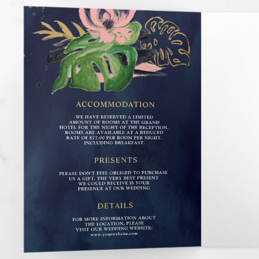 Wilde tropische Goldblüte Rosa Bläsernavy Hochzeit Dreifach Gefaltete Einladung (Innen Erste Seite)