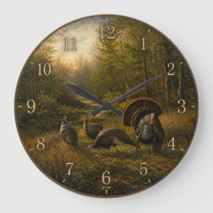 Wilde Truthähne im herbstlichen Wald Große Wanduhr