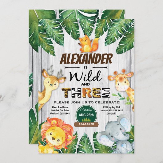 Wilde und 3. Geburtstagssafari Einladung (Vorne/Hinten)