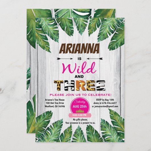 Wilde und drei Geburtstagseinladung. Dschungel Einladung (Vorne/Hinten)