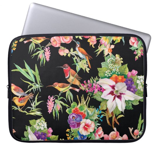 Wilde Vögel Blume: Schwarz Vintag Laptopschutzhülle (Vorderseite)