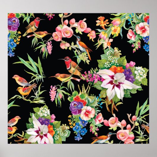 Wilde Vögel Blume: Schwarz Vintag Poster (Vorne)