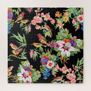 Wilde Vögel Blumen: Schwarze Vintage Puzzle