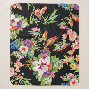 Wilde Vögel Blumen: Schwarze Vintage Sherpadecke