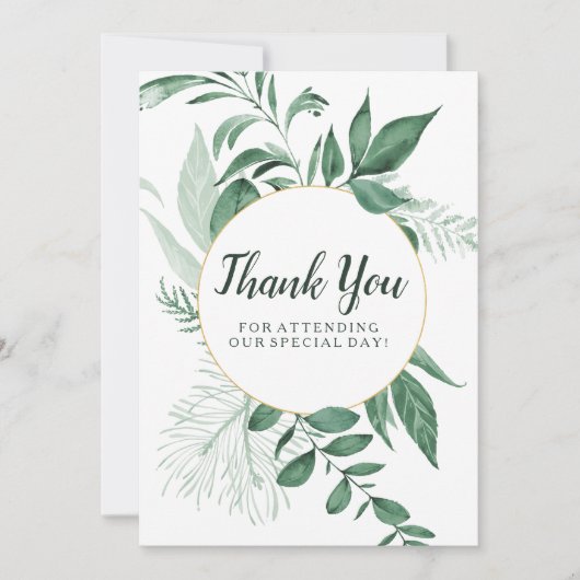 Wilde Wasserfarben Blätter Jäger Grüne Hochzeit Dankeskarte (Vorderseite)