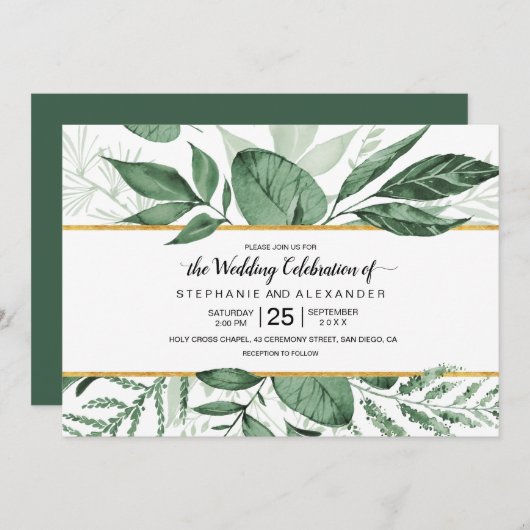 Wilde Wasserfarben Blätter Jäger Grüne Hochzeit Einladung (Vorne/Hinten)