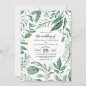 Wilde Wasserfarben Blätter Jäger Grüne Hochzeit Einladung (Vorderseite)