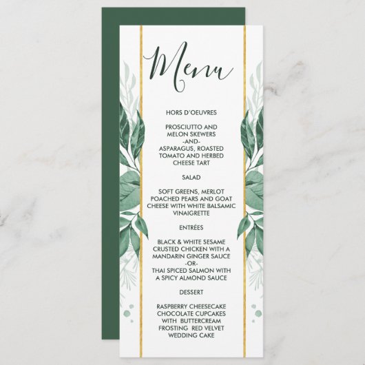 Wilde Wasserfarben Blätter Jäger Grüne Hochzeit Menükarte (Vorne/Hinten)
