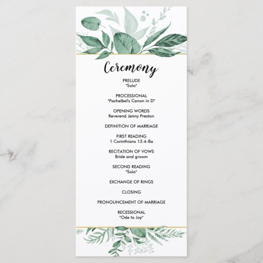 Wilde Wasserfarben Blätter Jäger Grüne Hochzeit Programm (Vorderseite)