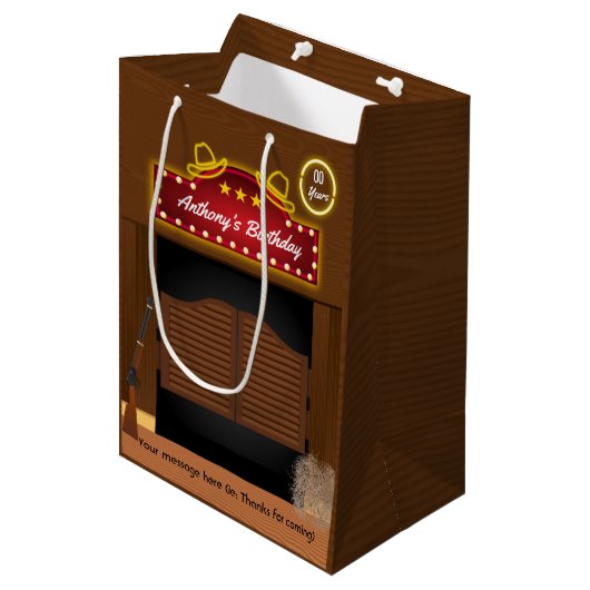 Wilde-West-Cowboy-Themen-Geburtstagsgastgeschenk Mittlere Geschenktüte (Vorderseite Schrägansicht)