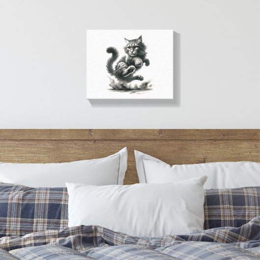 Wilde Whiskers Leap - Schwarz & Weiß Katze Kunst d Leinwanddruck (Insitu (Schlafzimmer))