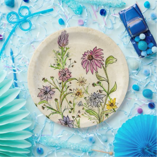 Wilde Wildblumen auf einer Papierplatte Pappteller (Party)
