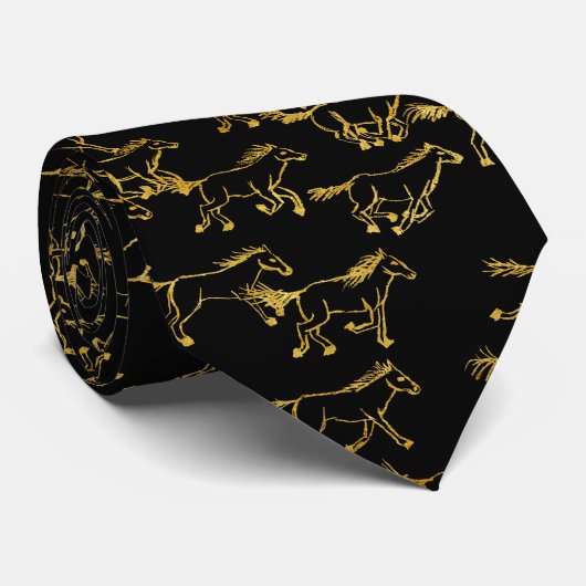 Wilde Wilde Pferde Schwarz und Gold Neck Tie Krawatte (Gerollt)