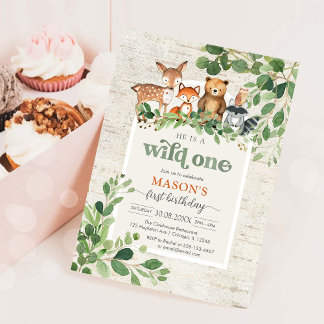 Wilde Woodland-Tiere 1. Geburtstagseinladung Einladung